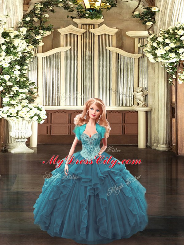 Excellent Teal Straps Neckline Beading and Ruffles Sweet 16 Dress Sleeveless Lace Up