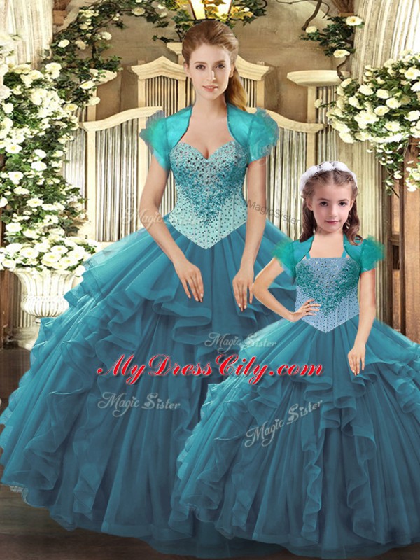 Excellent Teal Straps Neckline Beading and Ruffles Sweet 16 Dress Sleeveless Lace Up