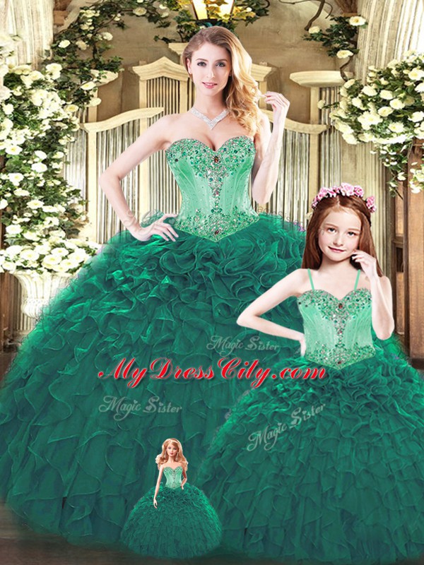 Dark Green Sweet 16 Quinceanera Dress Military Ball and Sweet 16 and Quinceanera with Beading and Ruffles Sweetheart Sleeveless Lace Up