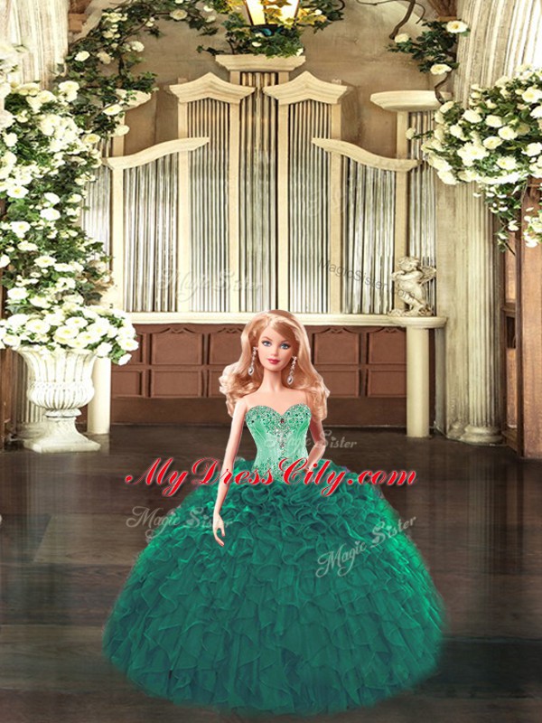 Dark Green Sweet 16 Quinceanera Dress Military Ball and Sweet 16 and Quinceanera with Beading and Ruffles Sweetheart Sleeveless Lace Up