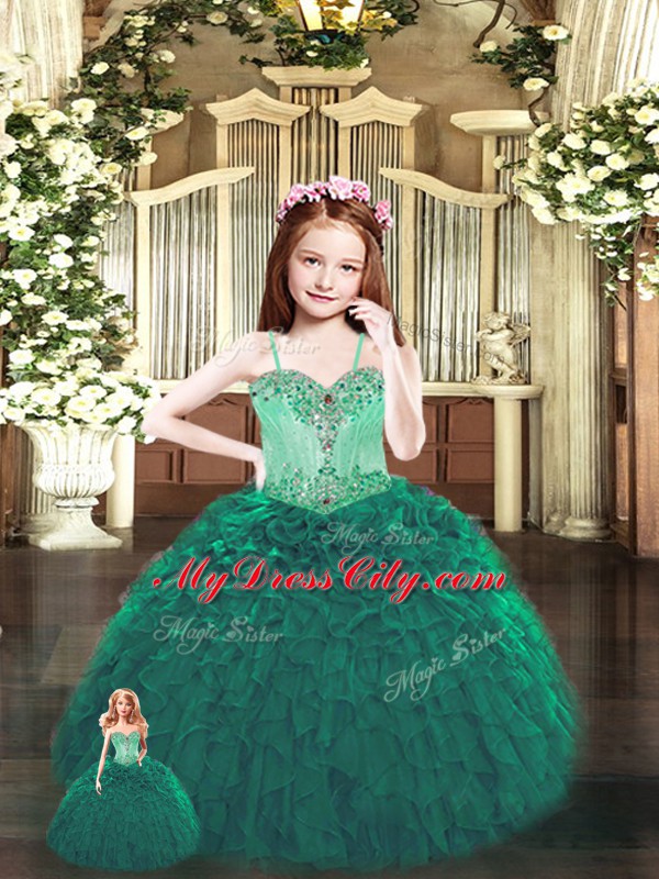 Dark Green Sweet 16 Quinceanera Dress Military Ball and Sweet 16 and Quinceanera with Beading and Ruffles Sweetheart Sleeveless Lace Up