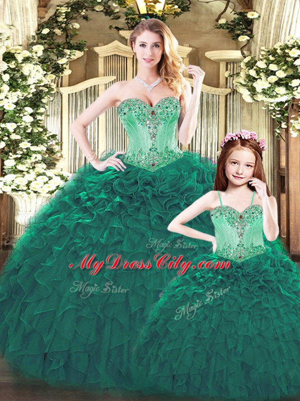 Dark Green Sweet 16 Quinceanera Dress Military Ball and Sweet 16 and Quinceanera with Beading and Ruffles Sweetheart Sleeveless Lace Up