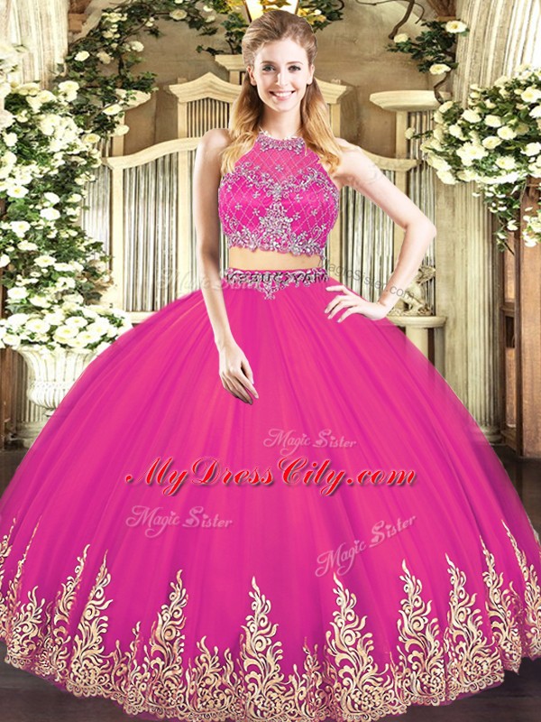 Captivating Hot Pink Sleeveless Tulle Zipper Quinceanera Gown for Military Ball and Sweet 16 and Quinceanera