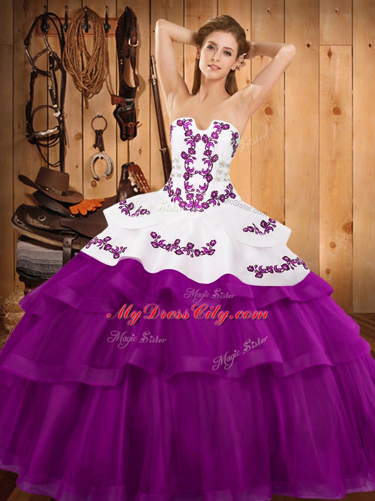 Glamorous Fuchsia Ball Gowns Tulle Strapless Sleeveless Embroidery and Ruffled Layers Lace Up Quinceanera Dresses Sweep Train