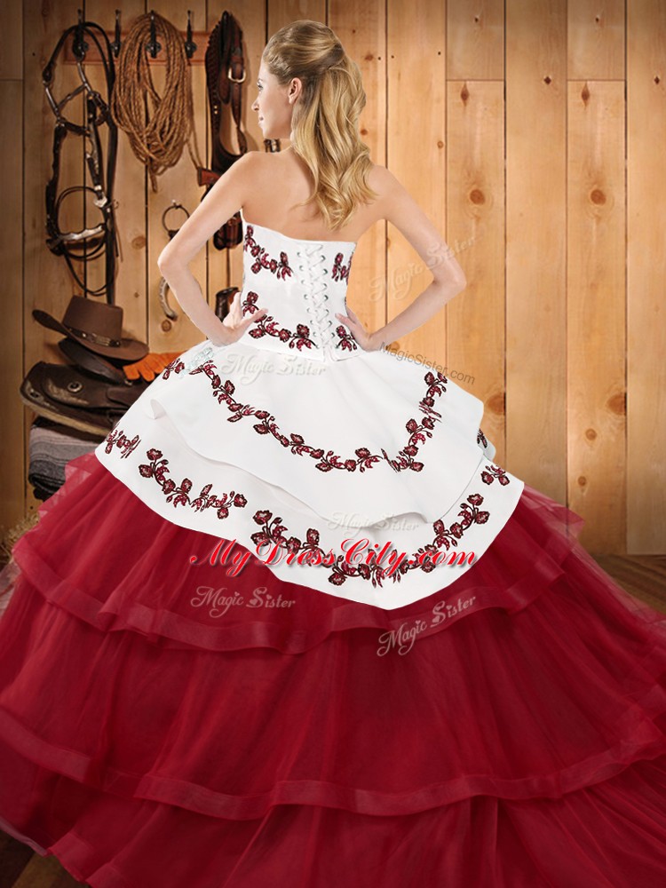 Glamorous Fuchsia Ball Gowns Tulle Strapless Sleeveless Embroidery and Ruffled Layers Lace Up Quinceanera Dresses Sweep Train