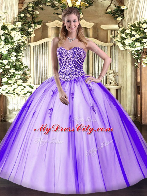 Sleeveless Floor Length Beading Lace Up Quinceanera Gowns with Lavender