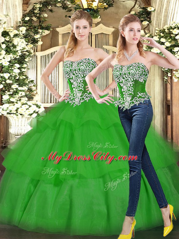 Low Price Strapless Sleeveless Lace Up Quinceanera Dress Green Tulle