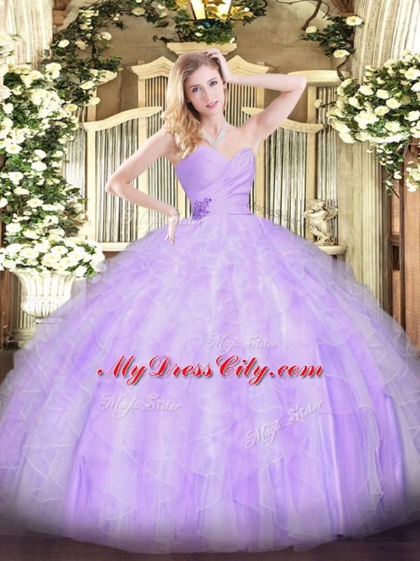 On Sale Sleeveless Floor Length Beading and Ruffles Lace Up Quinceanera Dress with Lavender