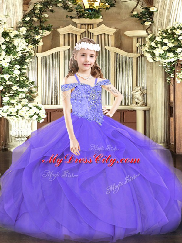 Dazzling Lavender Off The Shoulder Lace Up Beading and Ruffles Kids Pageant Dress Sleeveless