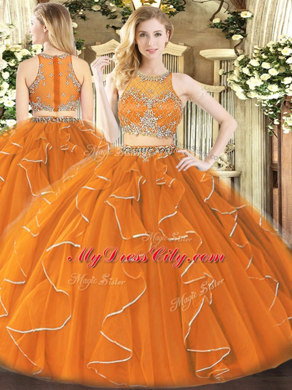 Exceptional Orange Sleeveless Floor Length Beading and Ruffles Zipper Sweet 16 Quinceanera Dress