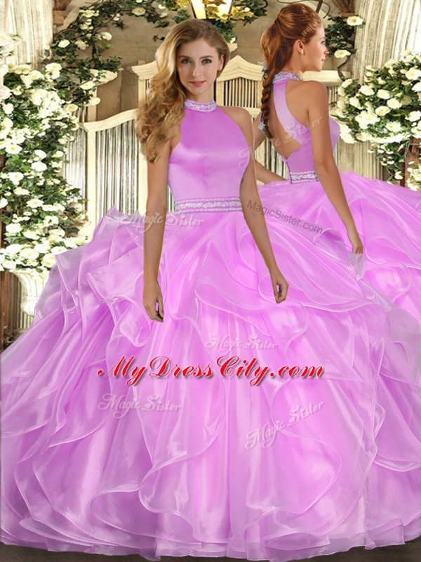 Halter Top Sleeveless Organza Sweet 16 Dress Beading and Ruffles Backless