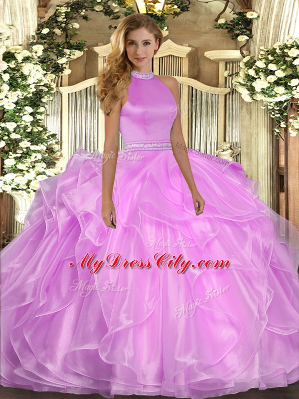 Halter Top Sleeveless Organza Sweet 16 Dress Beading and Ruffles Backless