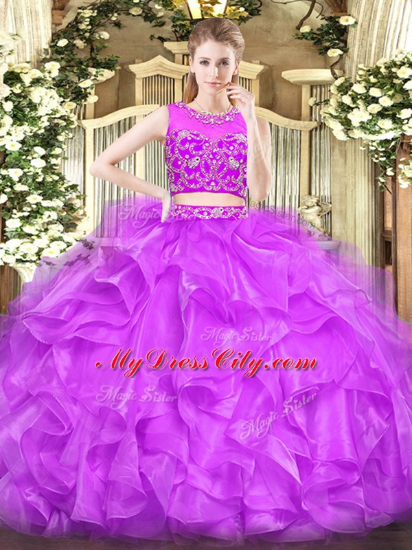 Hot Selling Sleeveless Tulle Floor Length Zipper Sweet 16 Dresses in Lilac with Beading and Ruffles