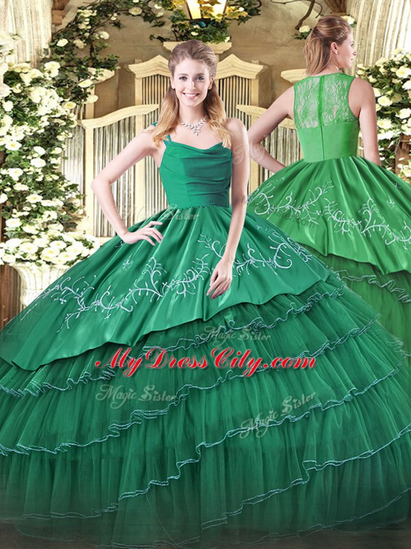 Embroidery and Ruffled Layers 15 Quinceanera Dress Dark Green Zipper Sleeveless Floor Length