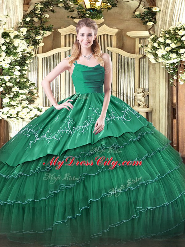 Embroidery and Ruffled Layers 15 Quinceanera Dress Dark Green Zipper Sleeveless Floor Length