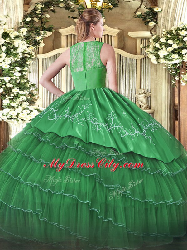 Embroidery and Ruffled Layers 15 Quinceanera Dress Dark Green Zipper Sleeveless Floor Length