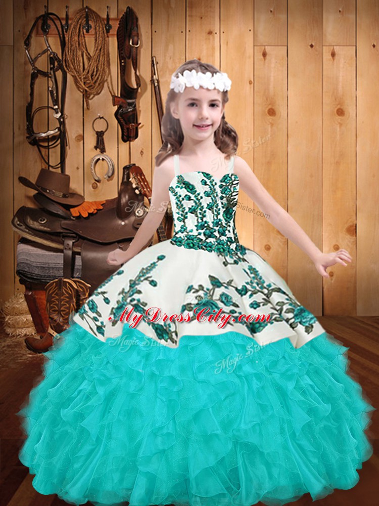 High End Aqua Blue Zipper Straps Embroidery and Ruffles Little Girls Pageant Dress Wholesale Organza Sleeveless