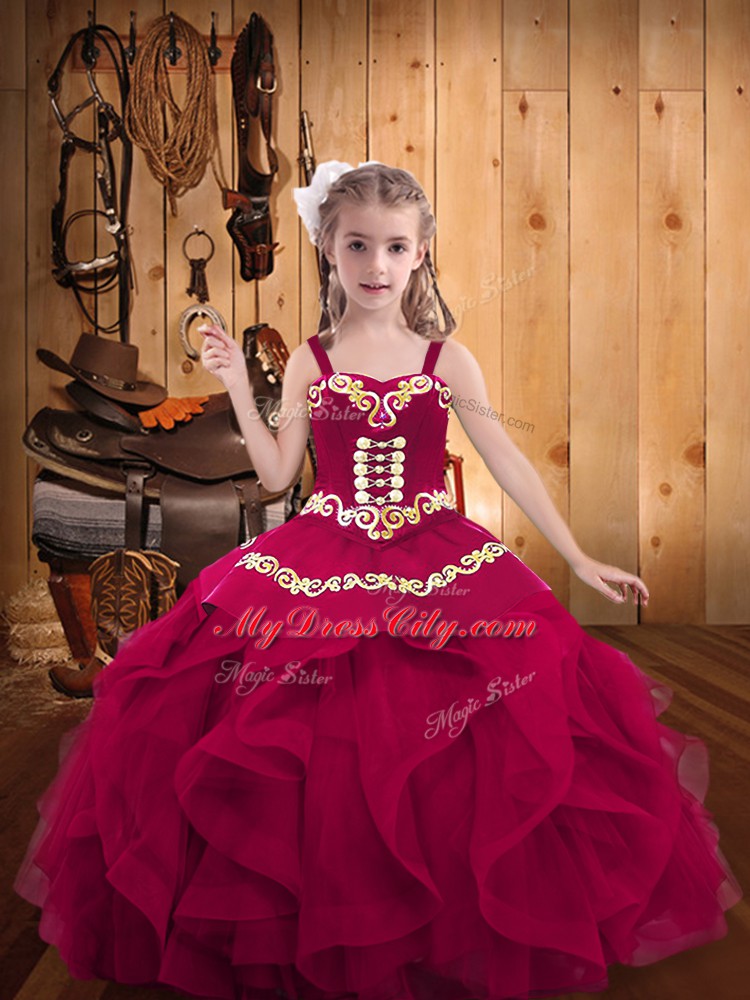 Straps Sleeveless Organza Little Girl Pageant Gowns Embroidery and Ruffles Lace Up