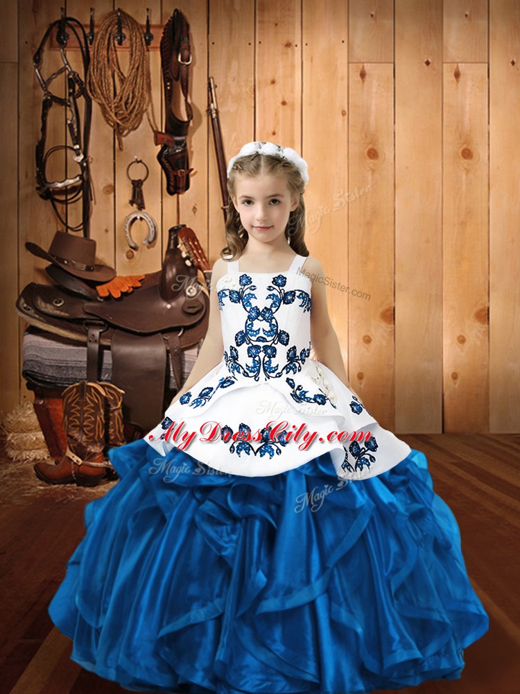 Best Floor Length Lace Up Kids Pageant Dress Blue for Sweet 16 and Quinceanera with Embroidery and Ruffles