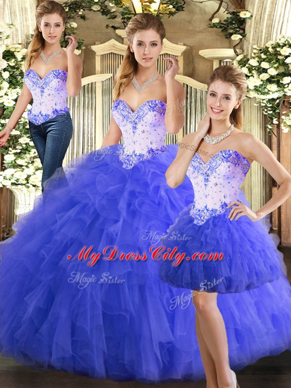 Beading and Ruffles Quinceanera Dresses Blue Lace Up Sleeveless Floor Length