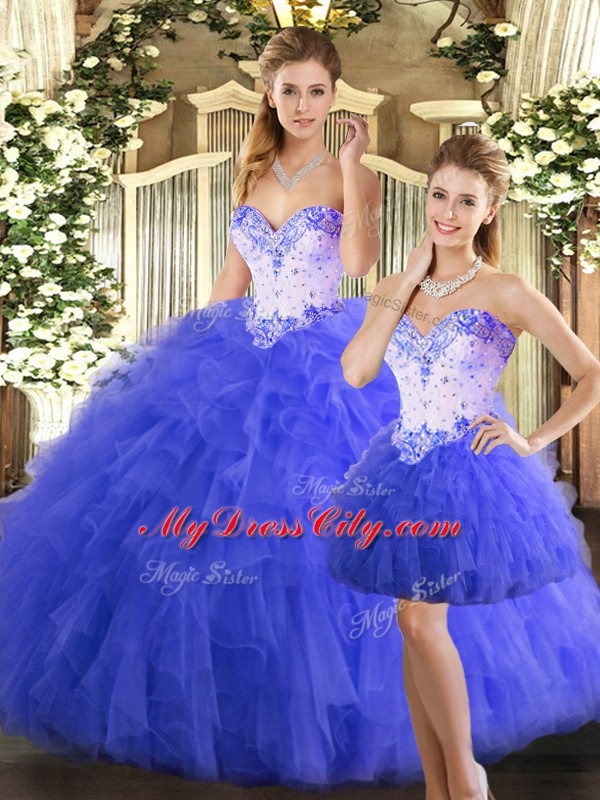 Beading and Ruffles Quinceanera Dresses Blue Lace Up Sleeveless Floor Length