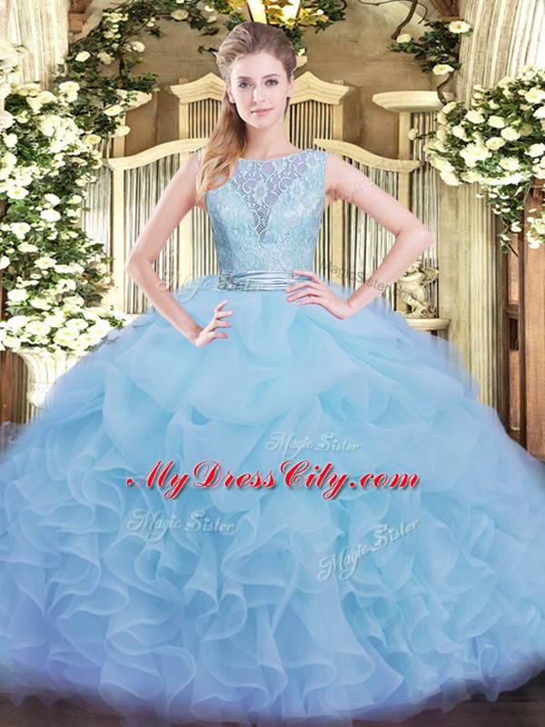 Captivating Scoop Sleeveless Ball Gown Prom Dress Floor Length Lace and Ruffles Aqua Blue Organza