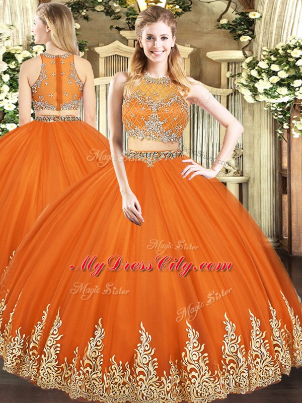 New Style Scoop Sleeveless Zipper Quinceanera Gowns Orange Red Tulle