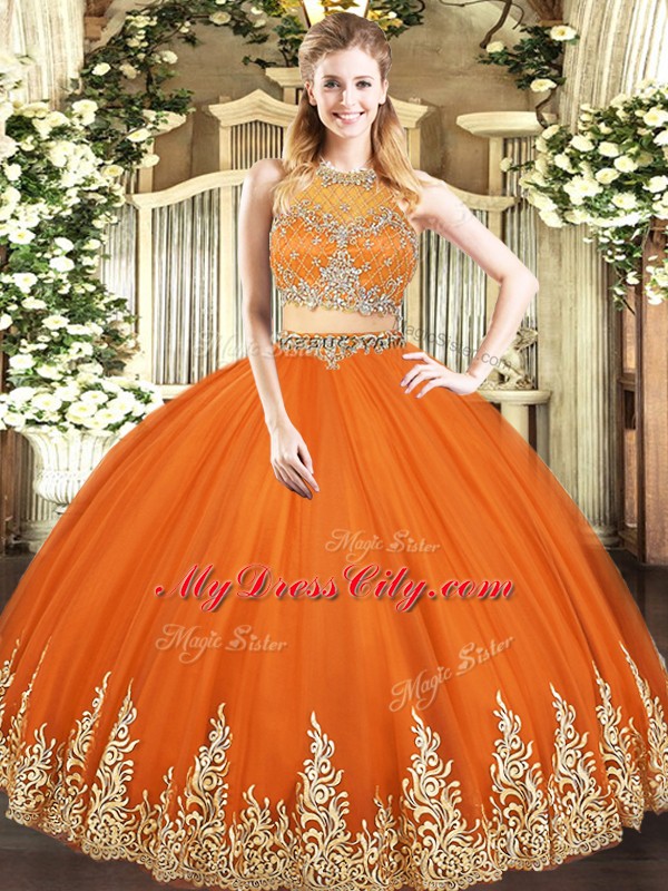 New Style Scoop Sleeveless Zipper Quinceanera Gowns Orange Red Tulle