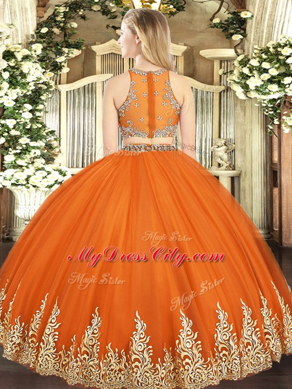 New Style Scoop Sleeveless Zipper Quinceanera Gowns Orange Red Tulle