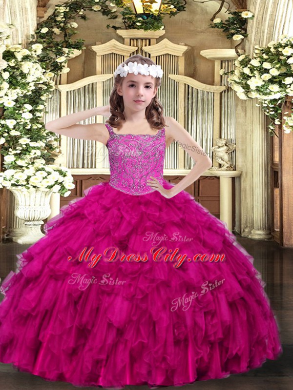 Straps Sleeveless Lace Up Little Girls Pageant Gowns Fuchsia Organza