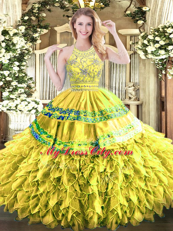 Gold 15 Quinceanera Dress Military Ball and Sweet 16 and Quinceanera with Beading and Ruffles Halter Top Sleeveless Zipper