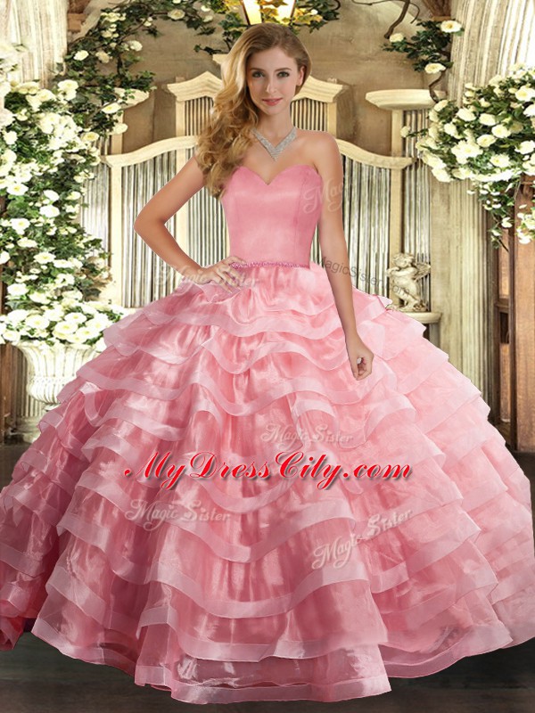 Watermelon Red Organza Lace Up Sweetheart Sleeveless Floor Length Quinceanera Dress Ruffled Layers