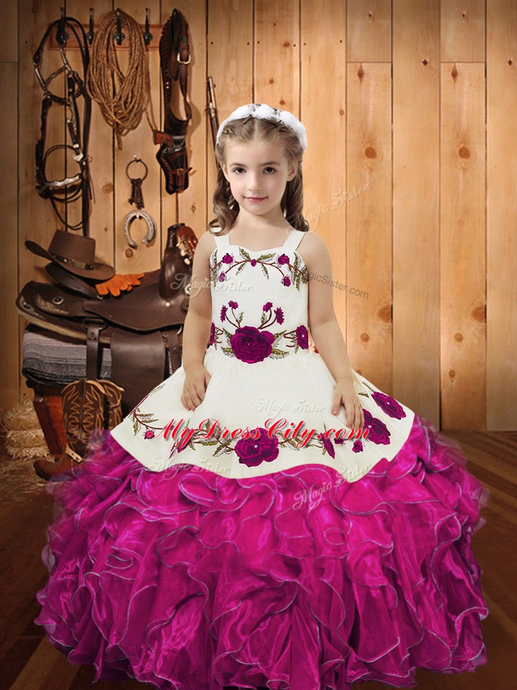 Ball Gowns Little Girls Pageant Dress Wholesale Fuchsia Straps Organza Sleeveless Floor Length Lace Up