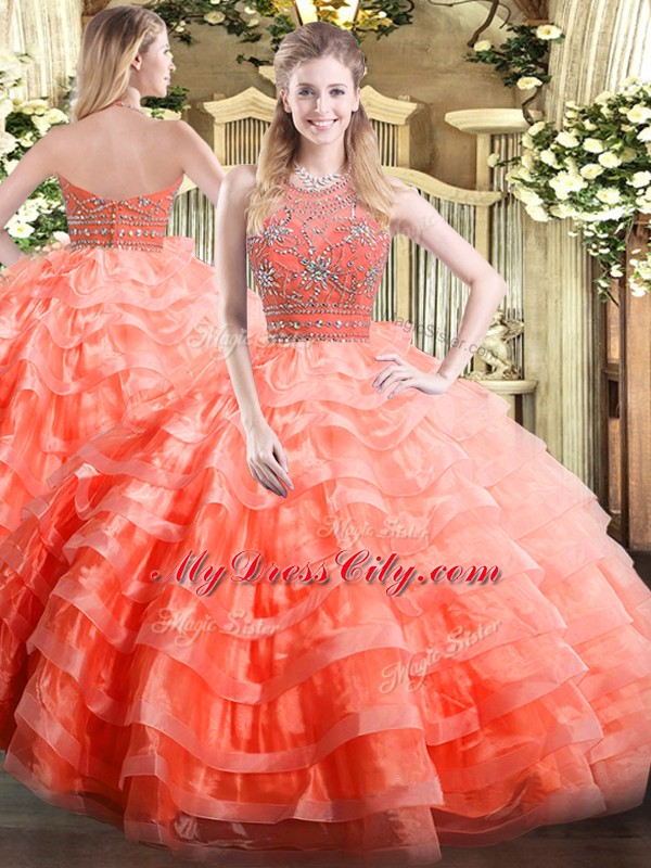 Orange Red Sleeveless Floor Length Beading and Ruffled Layers Zipper Quinceanera Gowns