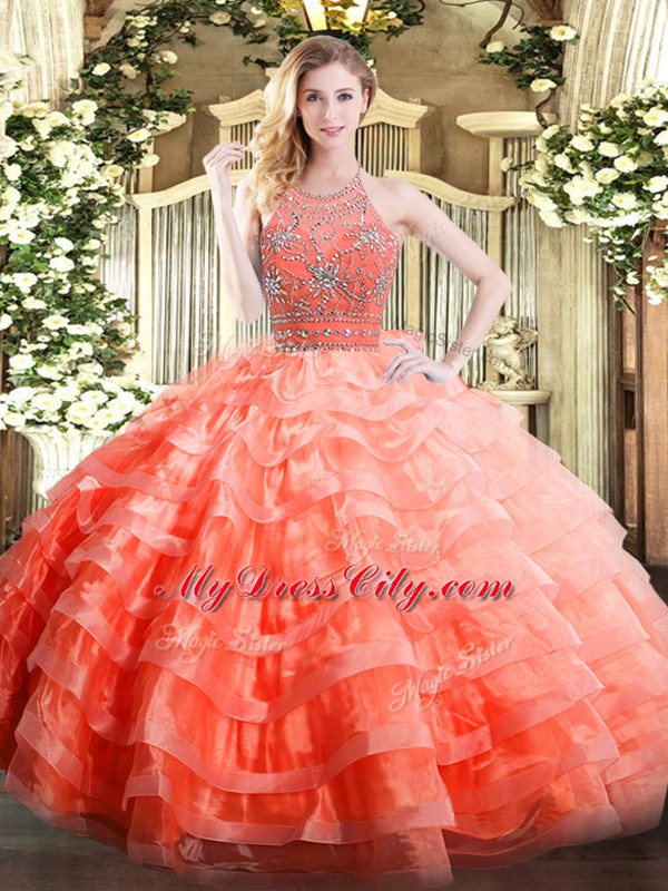 Orange Red Sleeveless Floor Length Beading and Ruffled Layers Zipper Quinceanera Gowns