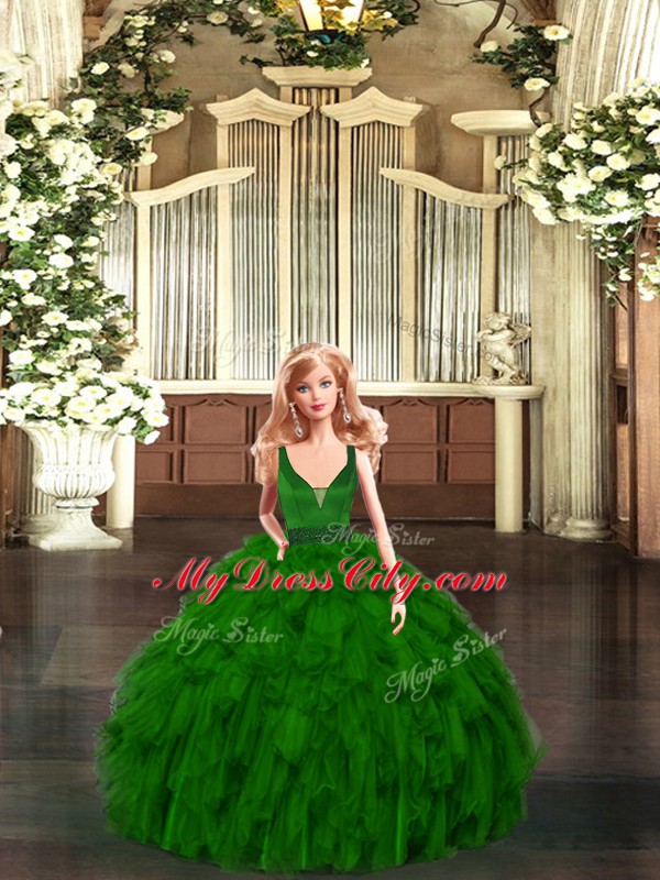 Green Organza Zipper Quinceanera Dress Sleeveless Floor Length Ruffles