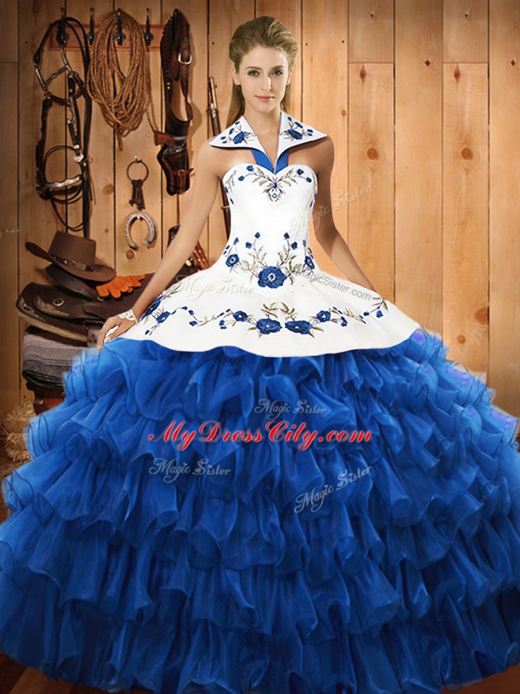 Glorious Blue Organza Lace Up Halter Top Sleeveless Floor Length Sweet 16 Quinceanera Dress Embroidery and Ruffled Layers