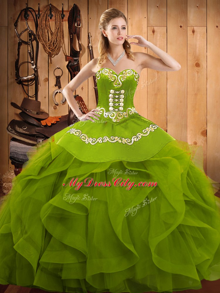 New Style Olive Green Ball Gown Prom Dress Military Ball and Sweet 16 and Quinceanera with Embroidery and Ruffles Sweetheart Sleeveless Lace Up