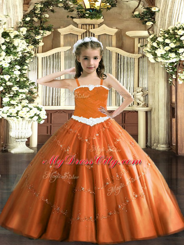 Straps Sleeveless Tulle Pageant Dress for Girls Appliques Lace Up