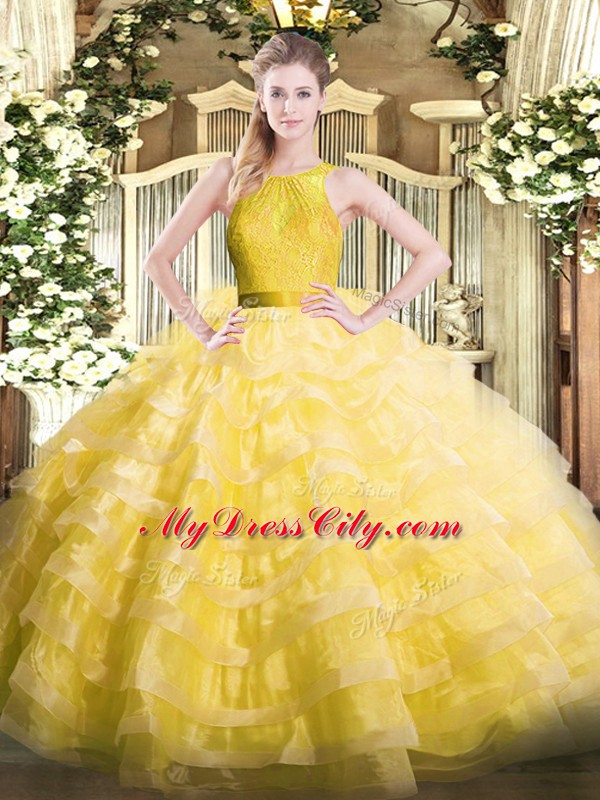 Extravagant Yellow Scoop Zipper Ruffled Layers Quince Ball Gowns Sleeveless