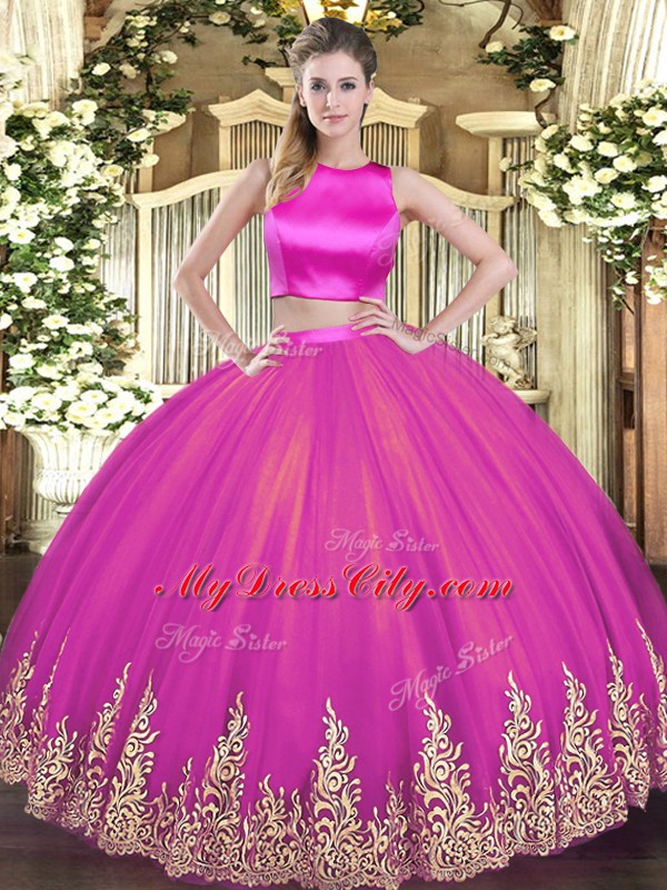 Luxury Sleeveless Floor Length Appliques Criss Cross Vestidos de Quinceanera with Fuchsia