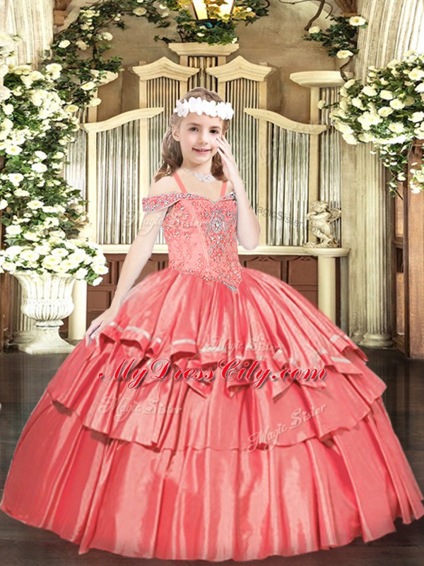 Dramatic Off The Shoulder Sleeveless Lace Up Pageant Gowns For Girls Coral Red Organza