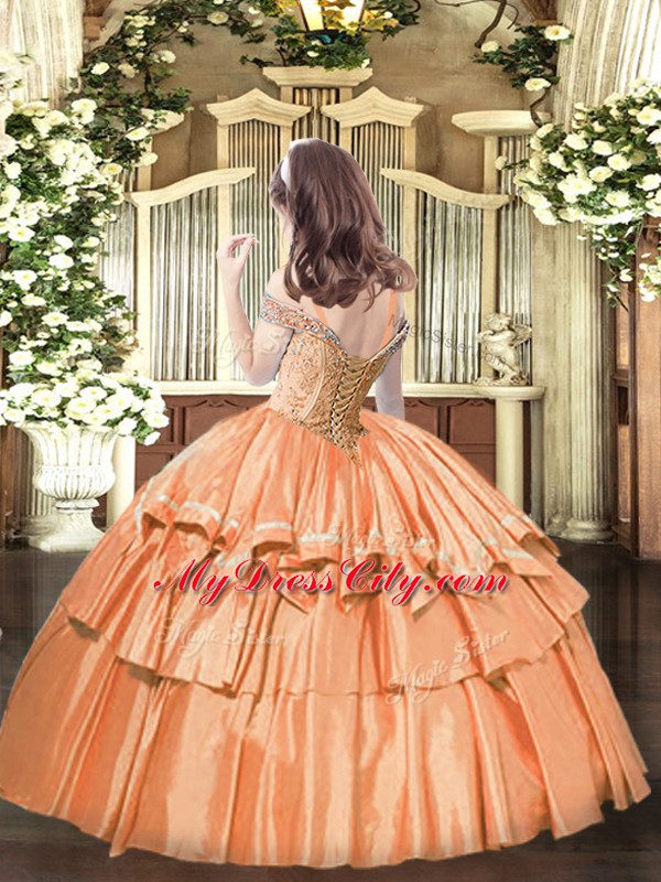 Dramatic Off The Shoulder Sleeveless Lace Up Pageant Gowns For Girls Coral Red Organza