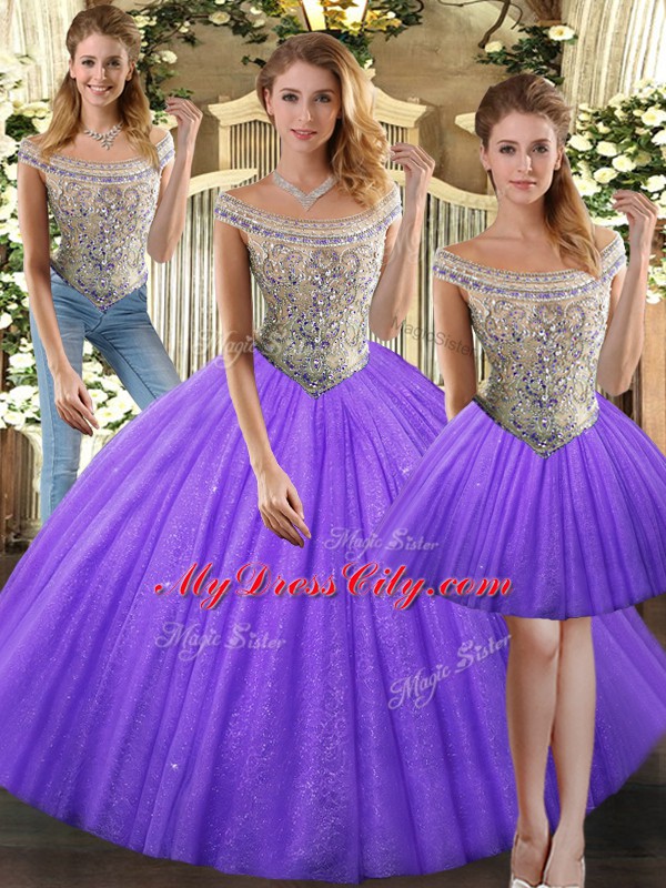 Eggplant Purple Quinceanera Dresses Military Ball and Sweet 16 and Quinceanera with Beading Bateau Sleeveless Lace Up