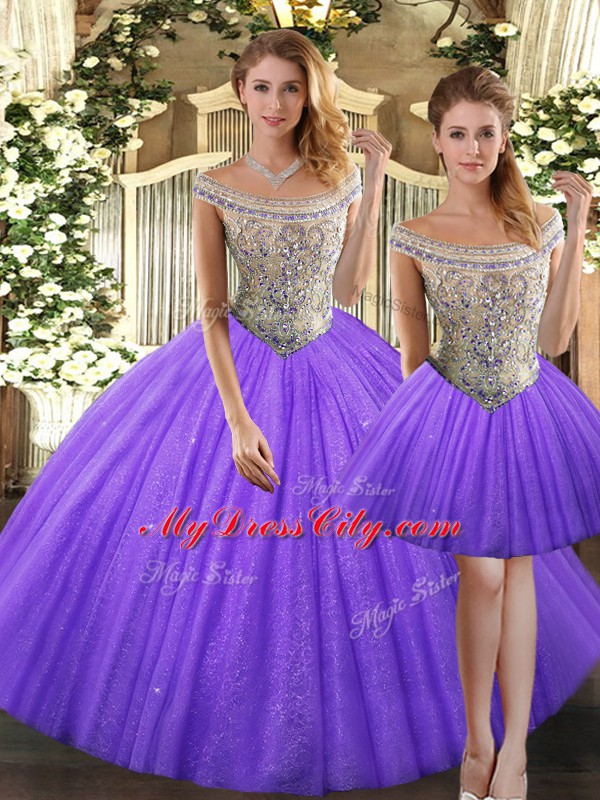 Eggplant Purple Quinceanera Dresses Military Ball and Sweet 16 and Quinceanera with Beading Bateau Sleeveless Lace Up