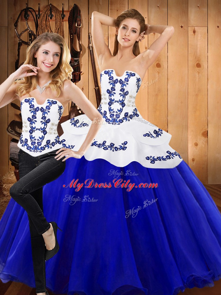 Royal Blue Sleeveless Floor Length Embroidery Lace Up Sweet 16 Dress