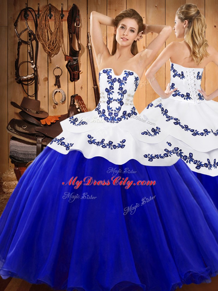 Royal Blue Sleeveless Floor Length Embroidery Lace Up Sweet 16 Dress