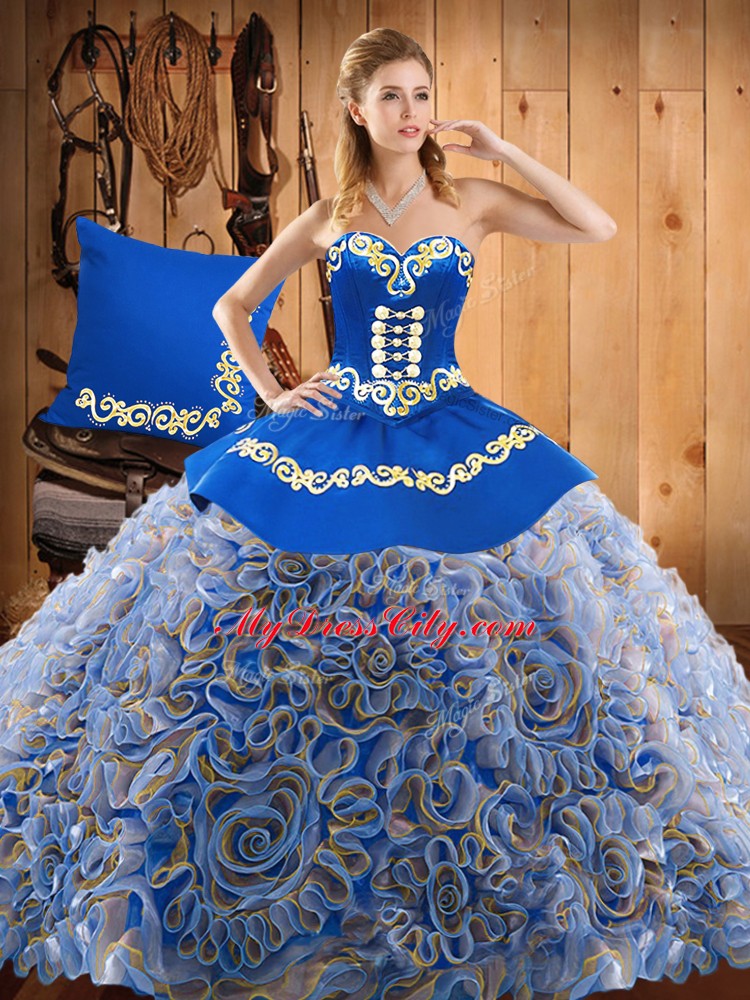 Stunning Multi-color Lace Up Sweetheart Embroidery Ball Gown Prom Dress Satin and Fabric With Rolling Flowers Sleeveless Sweep Train