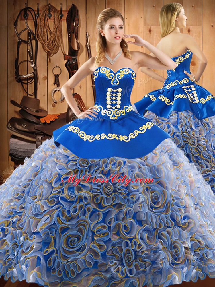 Stunning Multi-color Lace Up Sweetheart Embroidery Ball Gown Prom Dress Satin and Fabric With Rolling Flowers Sleeveless Sweep Train