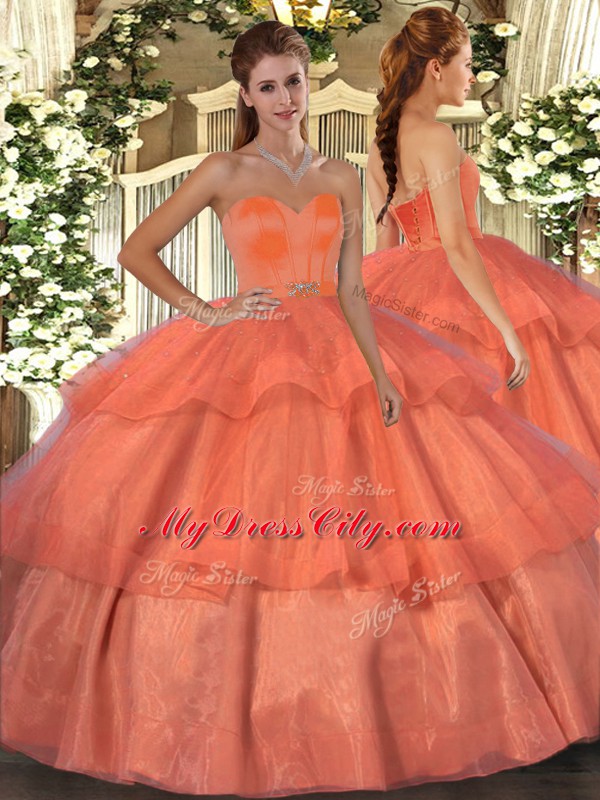 Sexy Orange Red Lace Up Sweet 16 Quinceanera Dress Beading and Ruffled Layers Sleeveless Floor Length